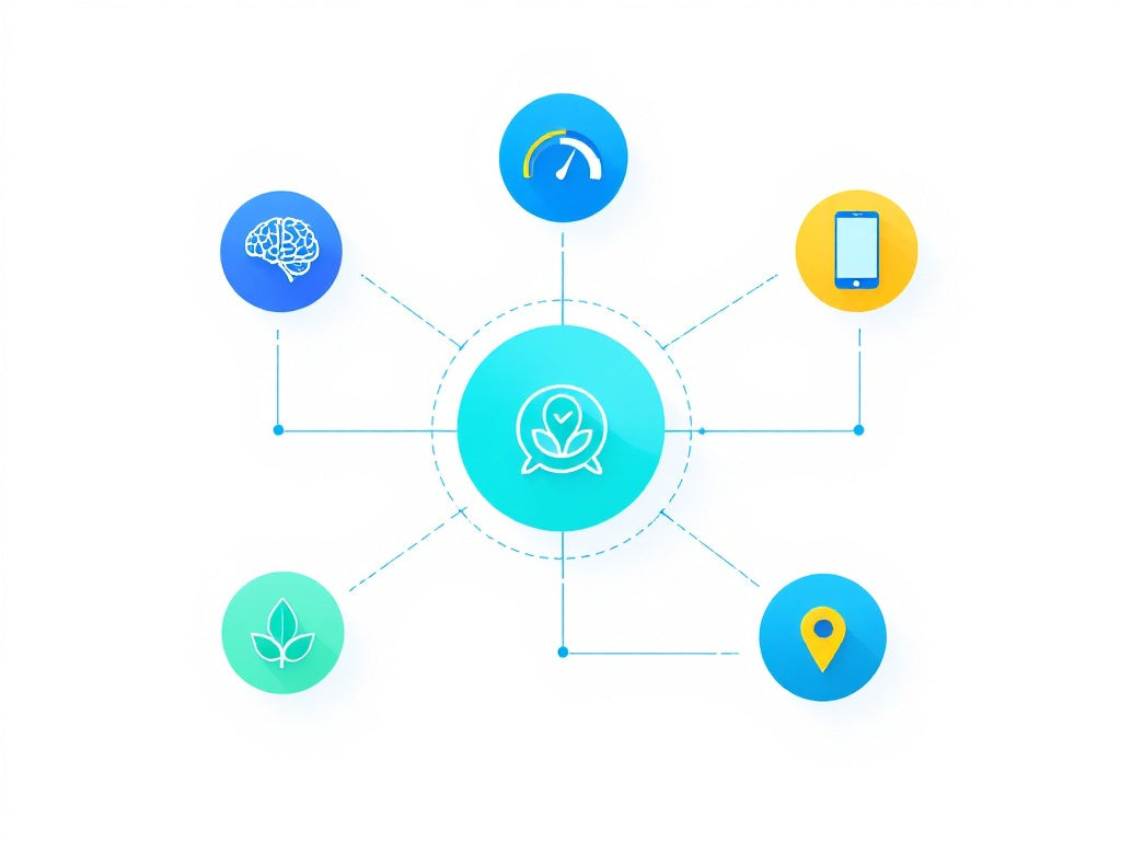 Minimalist e-commerce trends illustration in blue, yellow, and green showing interconnected digital commerce elements